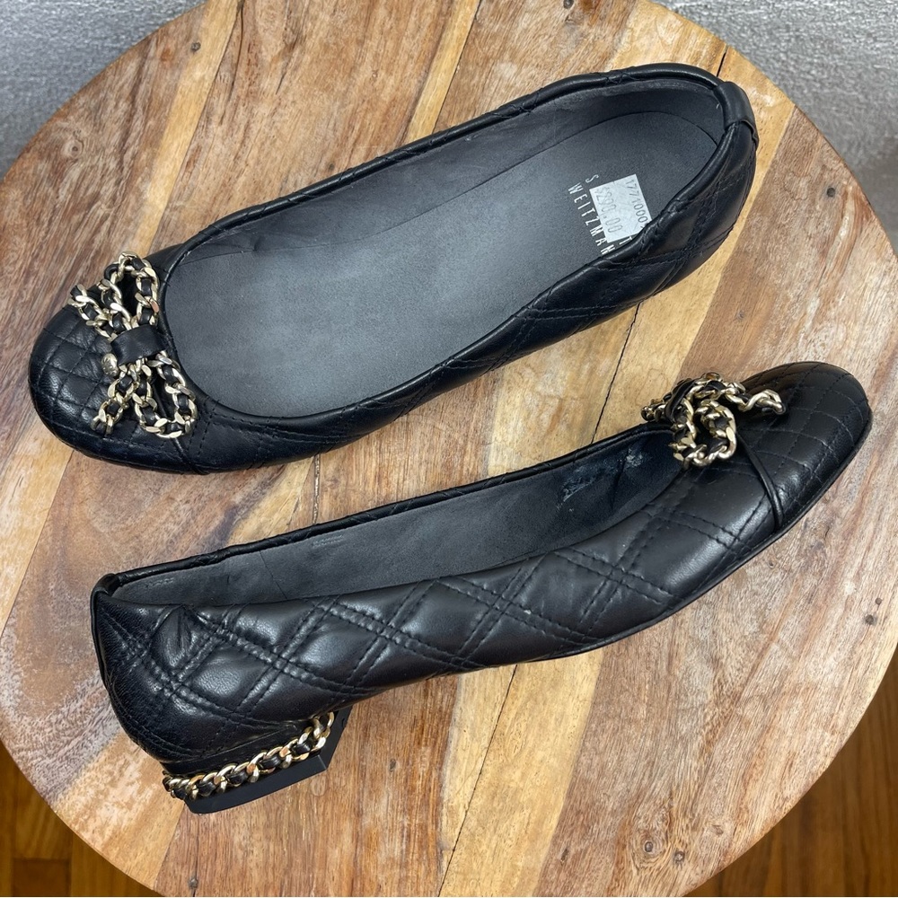 Stuart Weitzman l 7.5M Black Quilted Leather Diamond Stitch Gold Chain Bow Flats